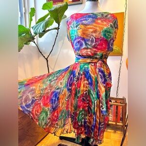 60s/70s Silk Rainbow Watercolor Floral Cocktail Party Dress
